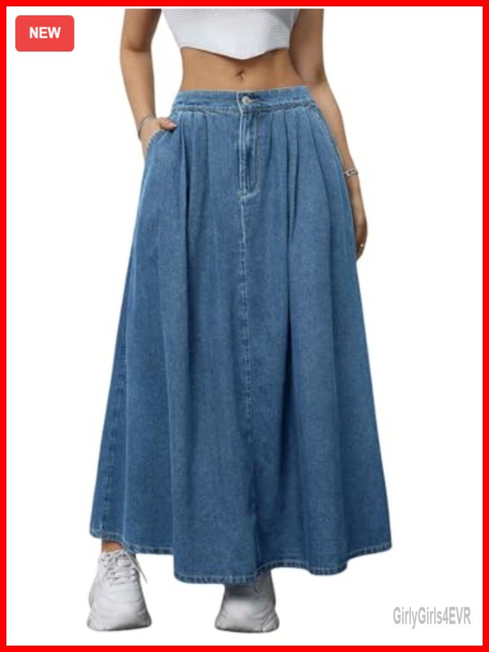 Pleated Denim Maxi Skirt A-Line Flowy Elastic Waist Pockets